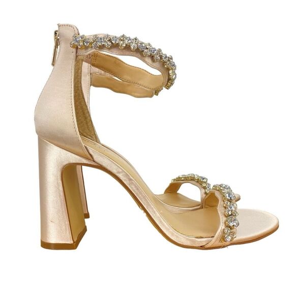 Badgley Mishka Odessa Crystal Adorned Block Heel Satin Evening Shoes Embellished - Picture 1 of 16